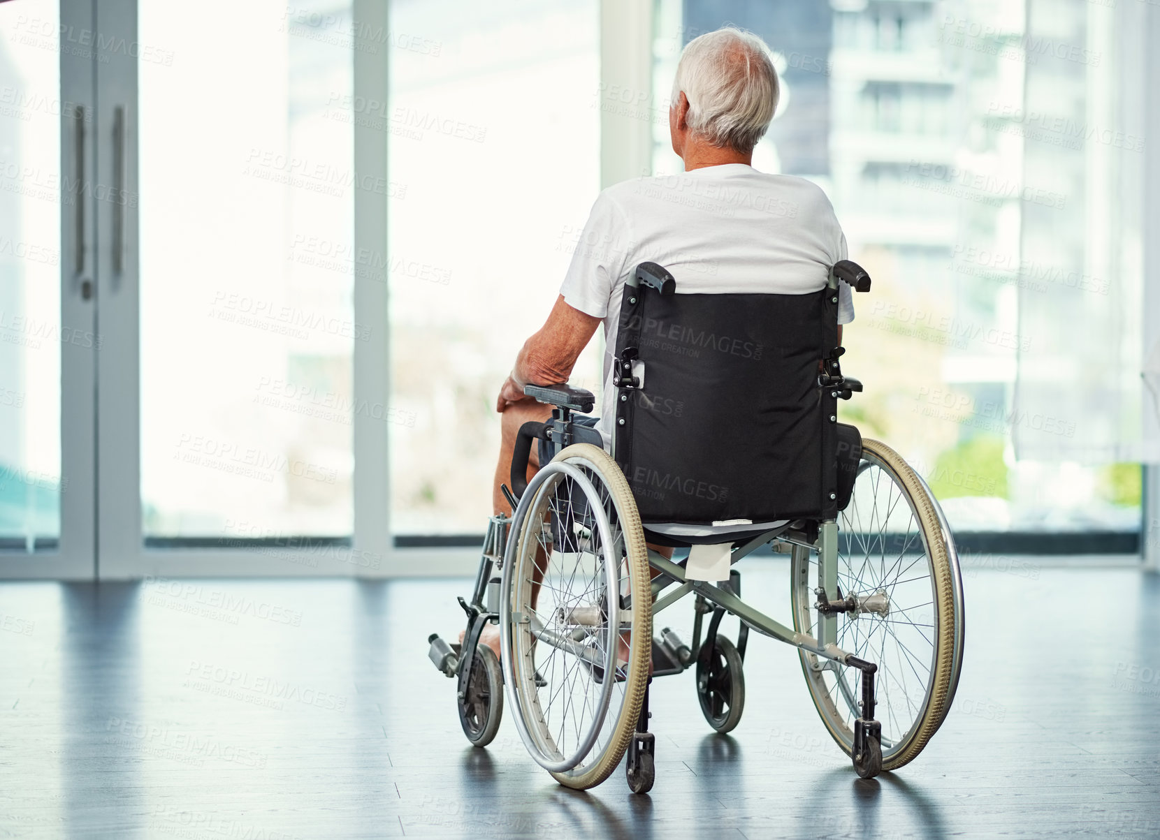 Buy stock photo Elderly man, thinking and back in wheelchair for hospital, reflection and memory for recovery. Old person with disability, perspective and rehabilitation with clinic, window and space in retirement