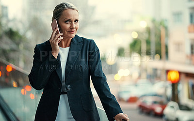 Buy stock photo Business woman, portrait or consultant with phone call in city for company proposal or deal. Female person, employee or agent with mobile smartphone on balcony for negotiation or chat in urban town