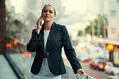Buy stock photo Phone call, portrait or employee on balcony with space, networking or project discussion with client. Digital, bokeh or mature woman with tech, schedule meeting or feedback on stakeholder report.