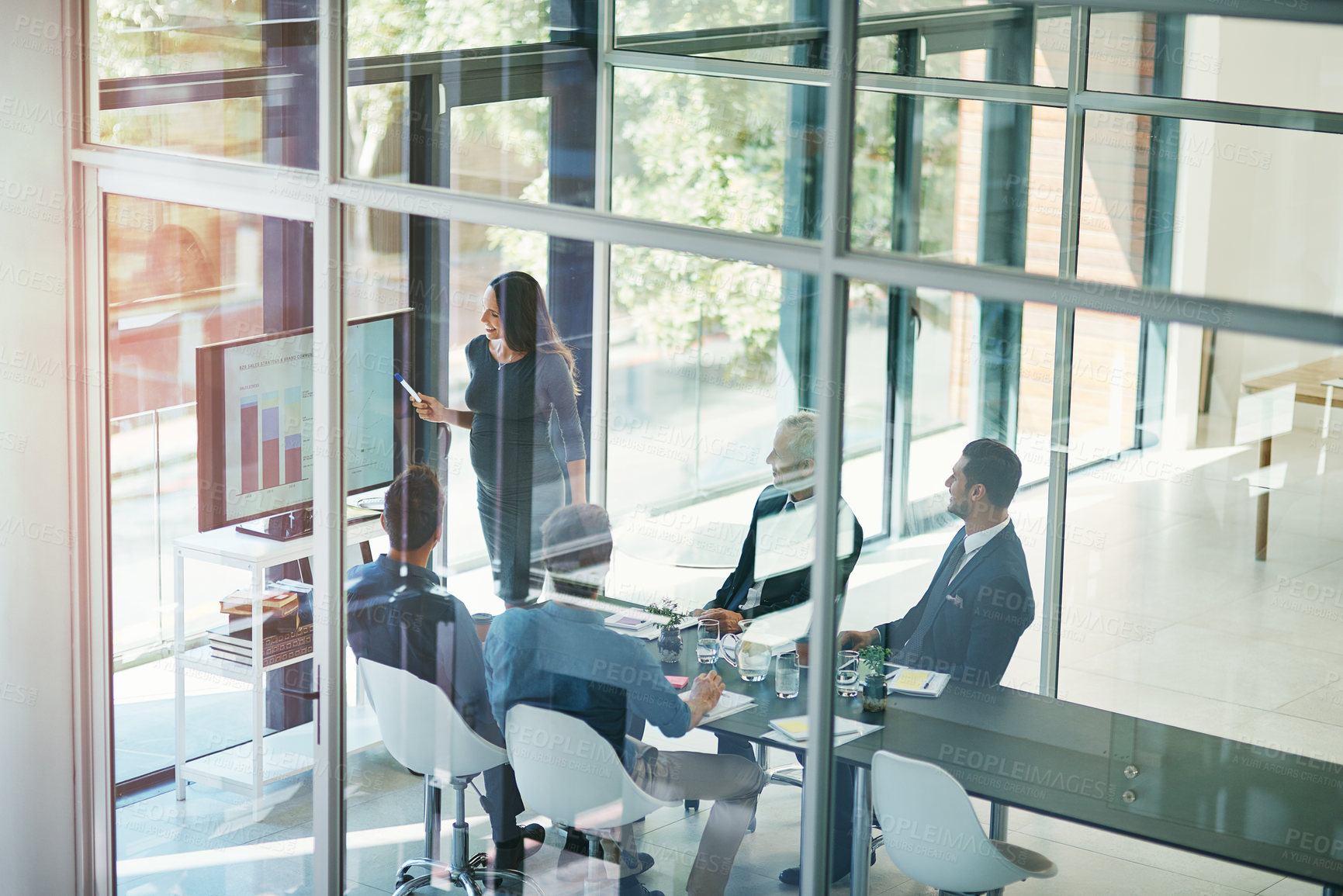 Buy stock photo Business woman, meeting and conference room glass with presentation and digital finance chart. Speaker, financial and accounting data with workshop and presenter in office with company stats review