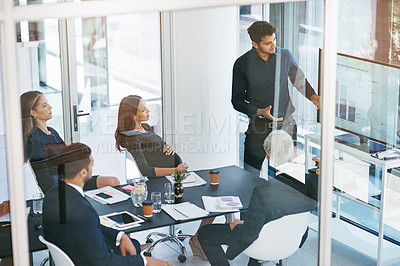 Buy stock photo Business man, finance and presentation for report, kpi analysis and review with feedback in office. Team, meeting and project development for workshop, sales growth and company revenue with screen