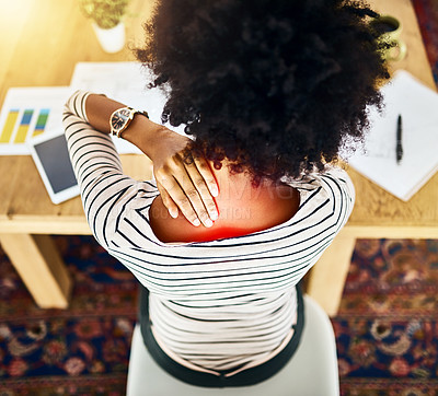 Buy stock photo Black woman, top view and neck pain at work by house with stress for overtime, burnout and muscle tension from bad posture. Person, overlay and red glow medical joint, injury or pressure deadline