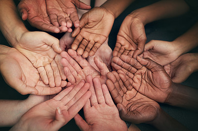 Buy stock photo Hands, people and beg with gesture for symbol with trust or motivation with unity in community for gratitude. Poverty, group and hardship with sign, diversity and poor with strength in together
