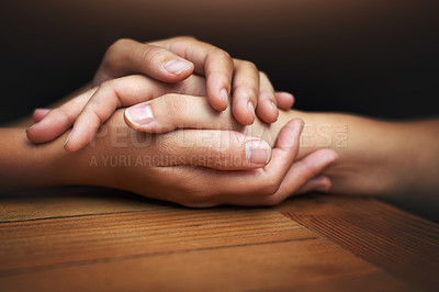 Buy stock photo Closeup, love and holding hands for support, comfort and care with grief, loss and empathy. Zoom, people and friends with compassion, sympathy and healing with bonding, hope and trust with crisis