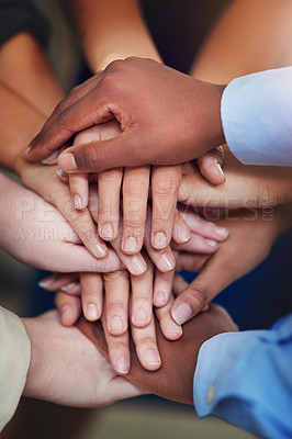 Buy stock photo Hands, diversity and people in office for community, success and collaboration for startup company. Teamwork, solidarity and small business for trust, partnership and international workforce.