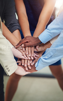 Buy stock photo Business people, hands and stack in huddle for teamwork, unity and support or motivation in office. Staff, community and solidarity at team building, agree and success for company deal or celebrate