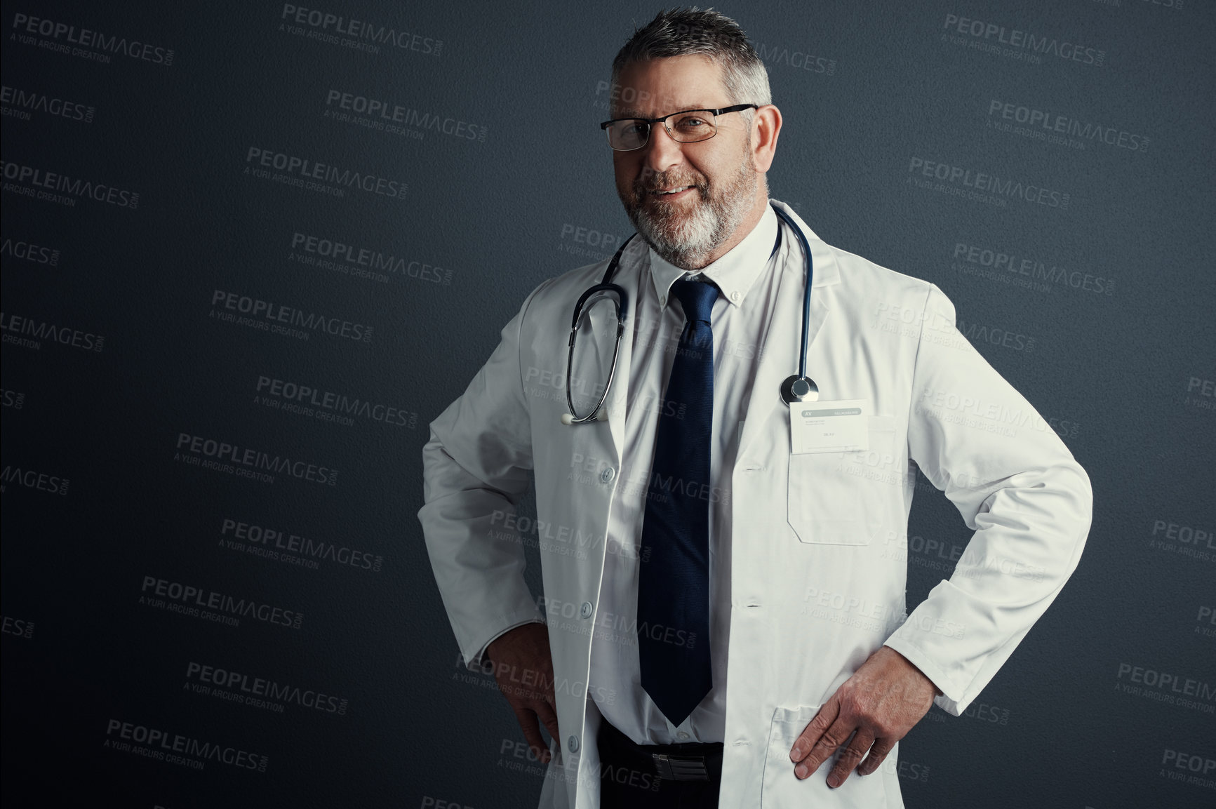 Buy stock photo Glasses, smile and portrait of doctor in studio for medical advisor, cardiologist and clinic about us. Healthcare, heart specialist and pride with mature man on dark background as hospital manager