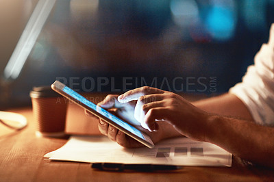 Buy stock photo Business analyst hands browsing a tablet, checking data and monitoring company growth and profit. Closeup of a business man working overtime, searching and analyzing charts in an office late at night