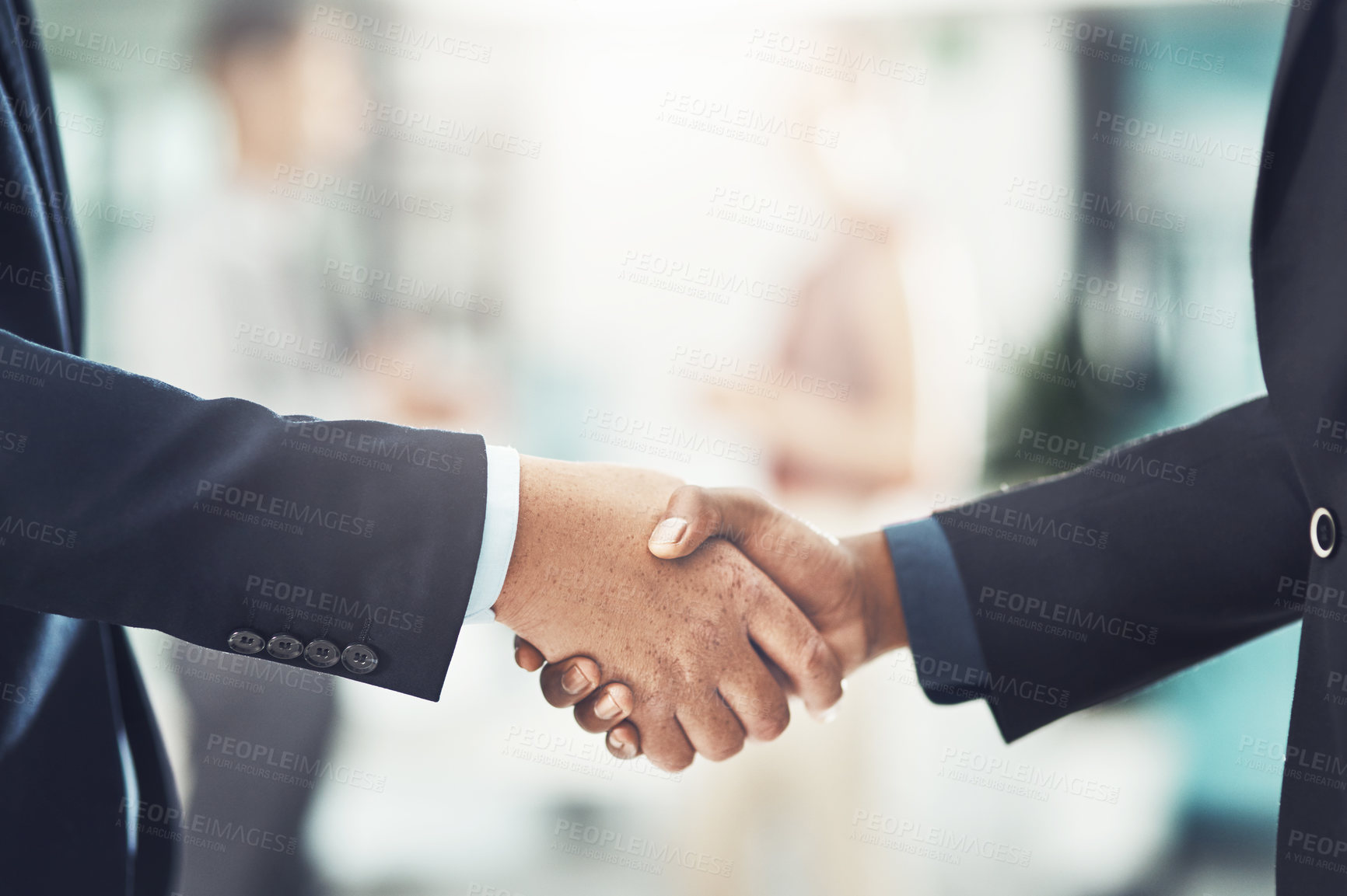 Buy stock photo Business people, handshake and meeting for hiring, partnership or deal in b2b agreement at office. Businessman shaking hands for recruitment or corporate growth in teamwork, welcome or introduction