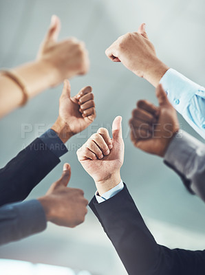 Buy stock photo Business people, hands and thumbs up in teamwork for winning, success or company goals at office. Hand of employee group showing thumb emoji, yes sign or like for team unity, win or victory together