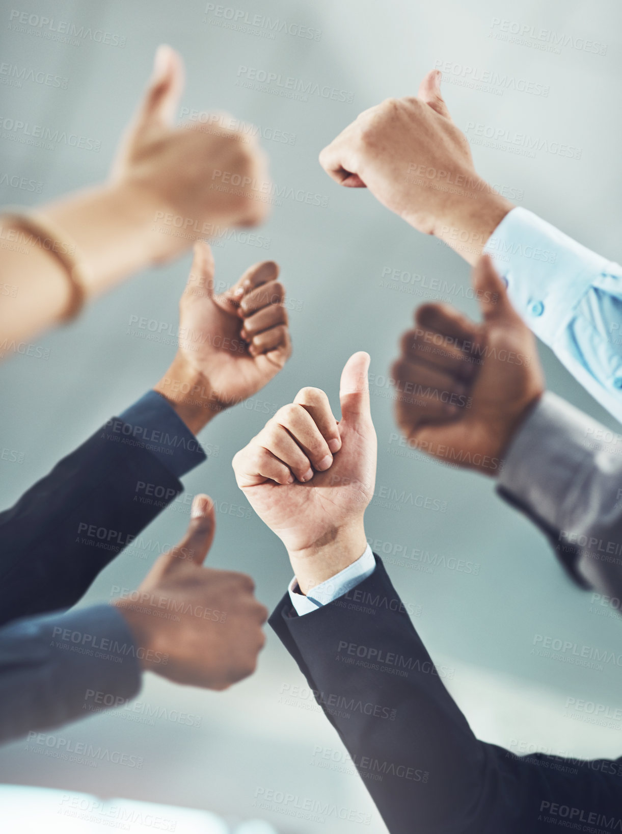 Buy stock photo Business people, hands and thumbs up in teamwork for winning, success or company goals at office. Hand of employee group showing thumb emoji, yes sign or like for team unity, win or victory together