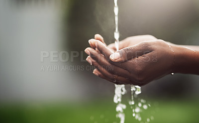 Buy stock photo Hands, water splash and sustainability with hygiene for environment, health and eco friendly on cleanness. Ecology, future and nature with humanity for sanitation, wellness and care with conservation