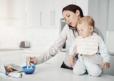Buy stock photo Family, baby and mother with multitasking, home and phone call with stress, feeding toddler and burnout. Mama, female parent and infant in the kitchen, smartphone and communication with frustration