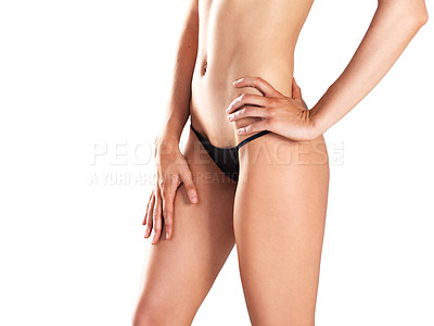 Buy stock photo Bikini wax, depilation model and skincare of legs for beauty and spa waxing aesthetic in a studio. White background, isolated and woman with fitness and body holding underwear to show soft skin