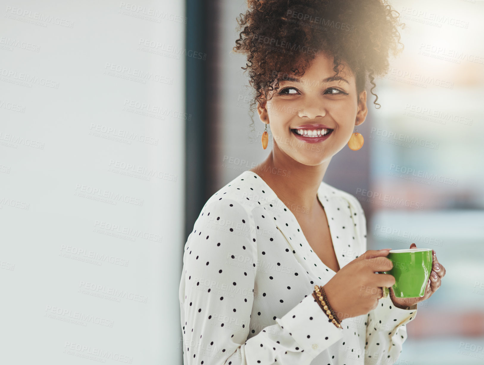 Buy stock photo Tea cup, thinking and business woman in office with smile, working and productivity for professional career. Planning, ideas and coffee with designer for drinking, caffeine and boost energy for job