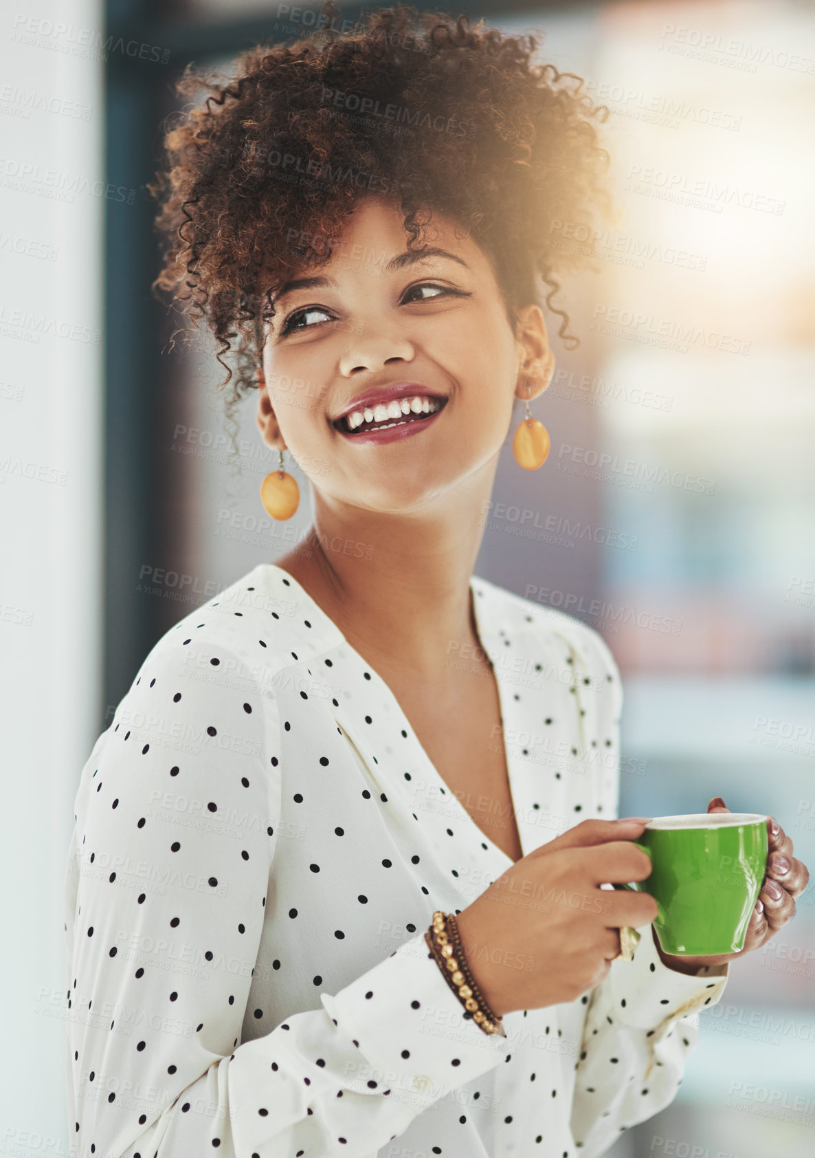 Buy stock photo Tea cup, planning and business woman in office with smile, working and productivity for professional career. Thinking, ideas and coffee with designer for drinking, caffeine and boost energy for job