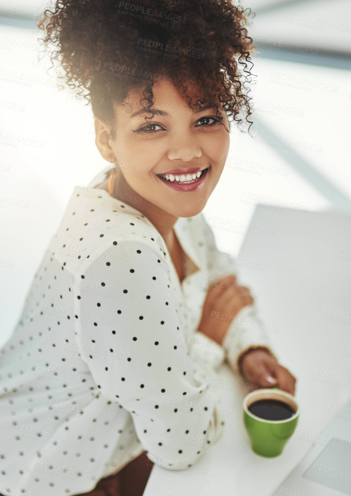 Buy stock photo Business, woman and portrait for drinking coffee in office with morning routine, caffeine break and smile at desk. Employee, happy person and warm beverage at table for relax and start day at job