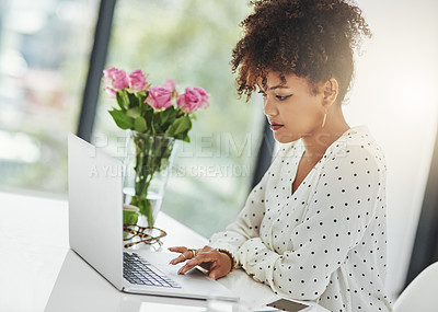 Buy stock photo Black woman, laptop and working in office for business research, networking and project administration. Secretary, technology and check email in workplace for corporate report, planning and schedule
