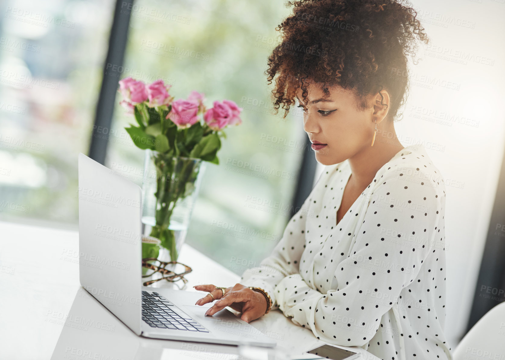 Buy stock photo Black woman, laptop and working in office for business research, networking and project administration. Secretary, technology and check email in workplace for corporate report, planning and schedule
