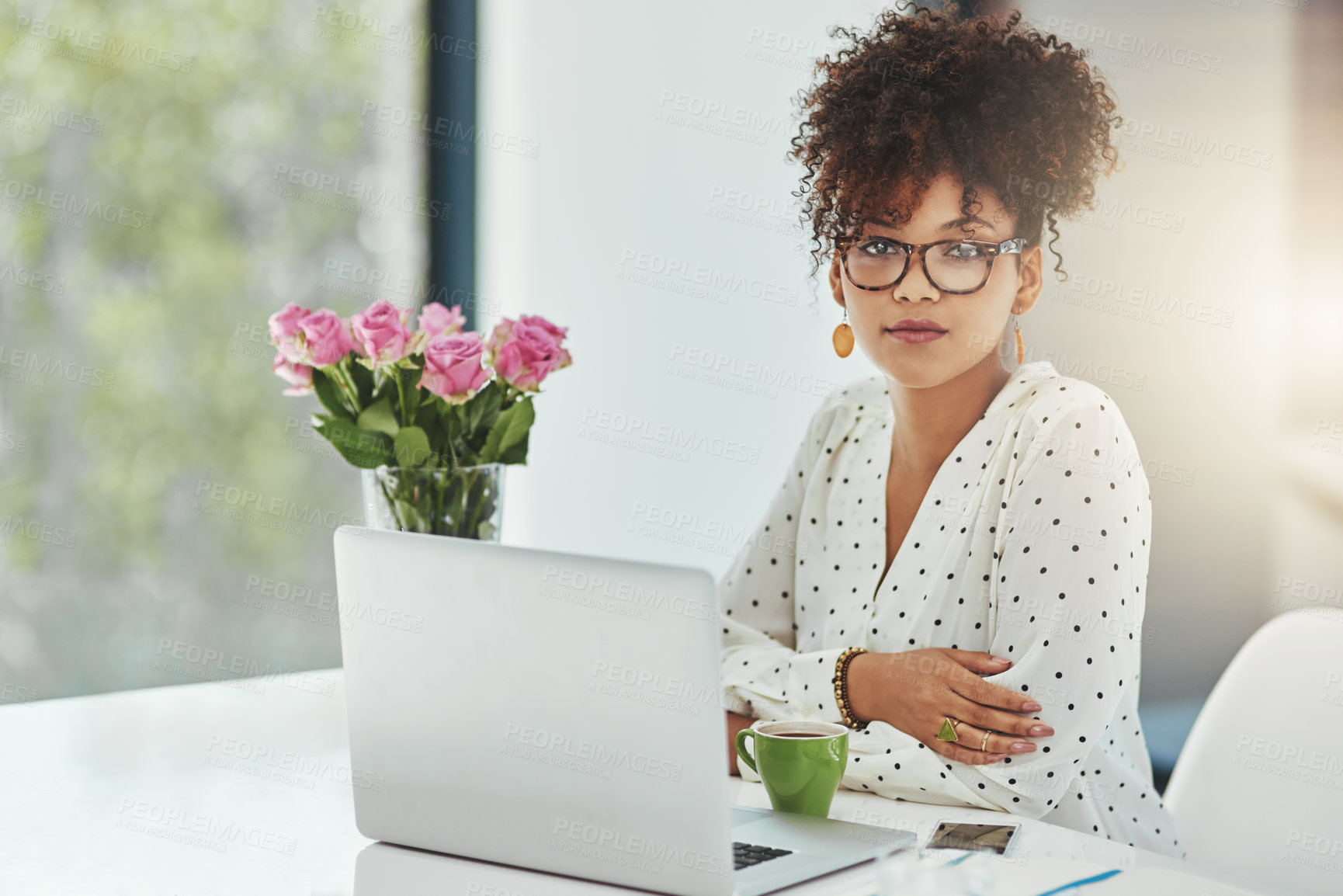 Buy stock photo Office, glasses and woman in portrait with laptop, research and professional career in journalism. Workplace, african female editor and computer with confidence, working and business for publishing