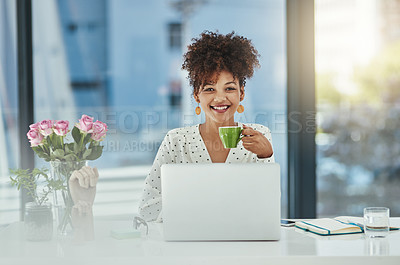 Buy stock photo Shot of a beautiful young businesswoman working in her office 