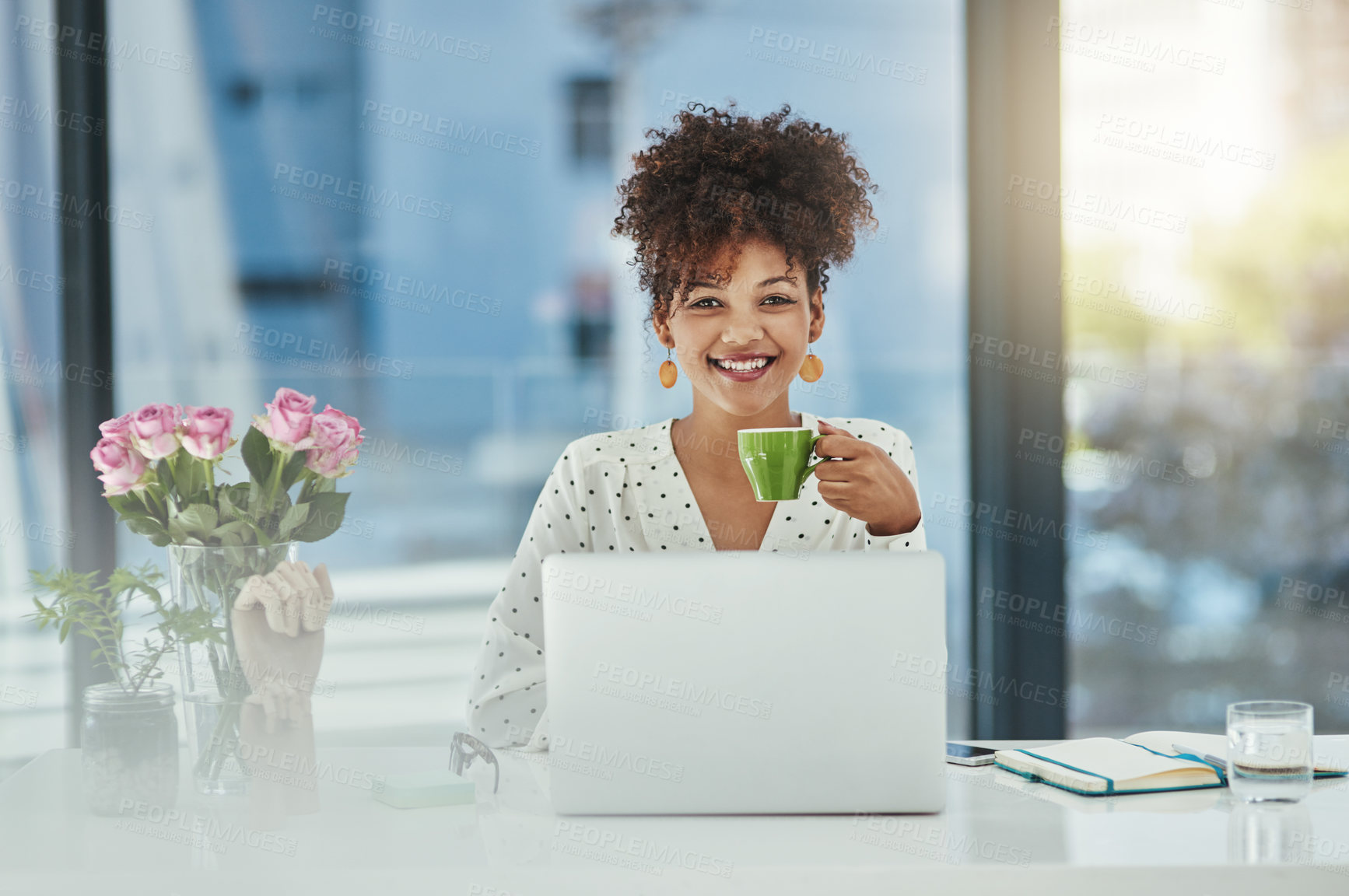 Buy stock photo Office, tea cup and businesswoman in portrait with laptop, career and productivity for professional writer. Workplace, digital and connection with journalist for article angle, research and coffee