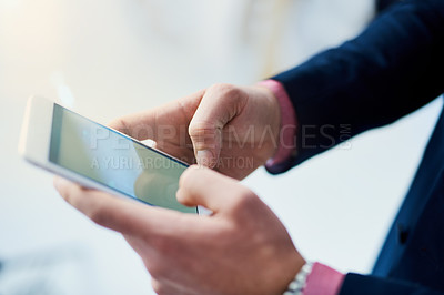 Buy stock photo Hands, businessman and cellphone in workplace for communication, networking and email. Technology, contact and social media on mobile for research, marketing and corporate male person in office