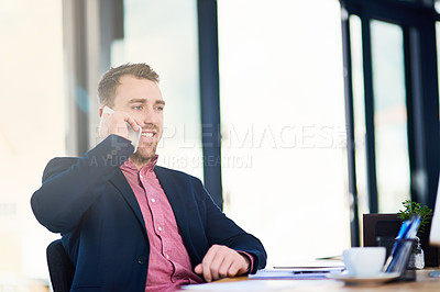 Buy stock photo Smile, phone call and business man talking, communication or agent listen to contact networking in office. Mobile, conversation and happy professional in chat for news, deal or corporate negotiation