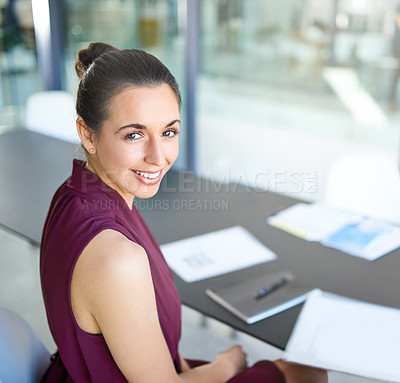 Buy stock photo Administration, portrait and smile with woman office manager at desk or table for professional career. Accounting, bookkeeping and finance with happy employee in workplace for tax audit or review
