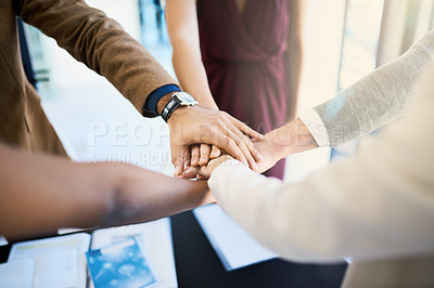 Buy stock photo Business, hands and diversity in workspace, agreement and collaboration for company. Partnership, racial equality and teamwork with corporation in solidarity, support and unity for complete project