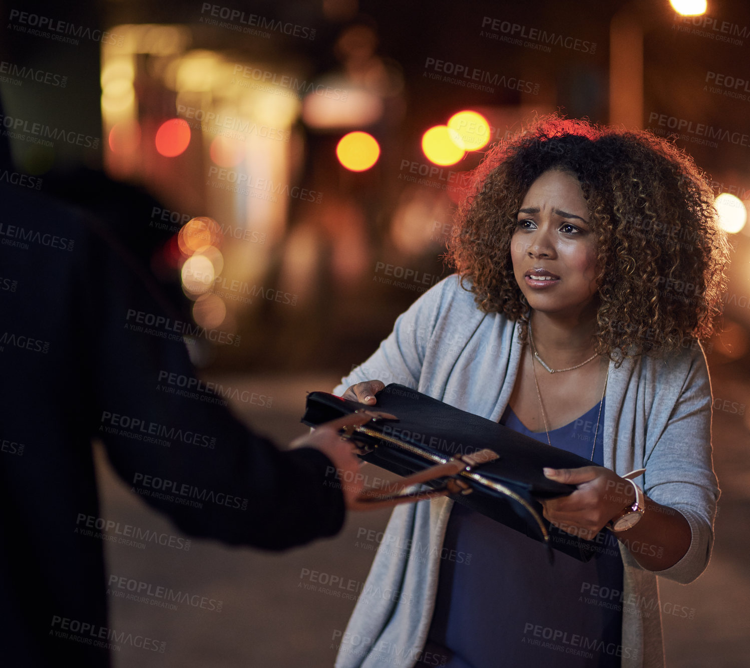 Buy stock photo Thief, handbag and scared woman in city with crime, force and stealing from person on street. Female victim, purse and anxiety in urban town with robber, violence and fear in community for theft