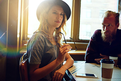 Buy stock photo Cropped shot of a hipster couple in a coffee shop