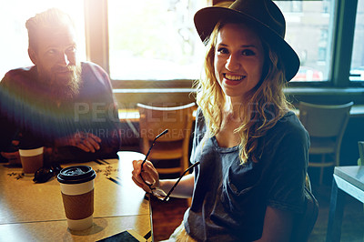 Buy stock photo Cropped shot of a hipster couple in a coffee shop