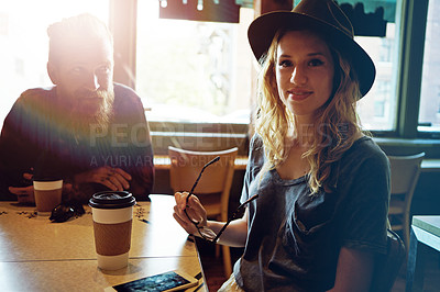 Buy stock photo Cropped shot of a hipster couple in a coffee shop