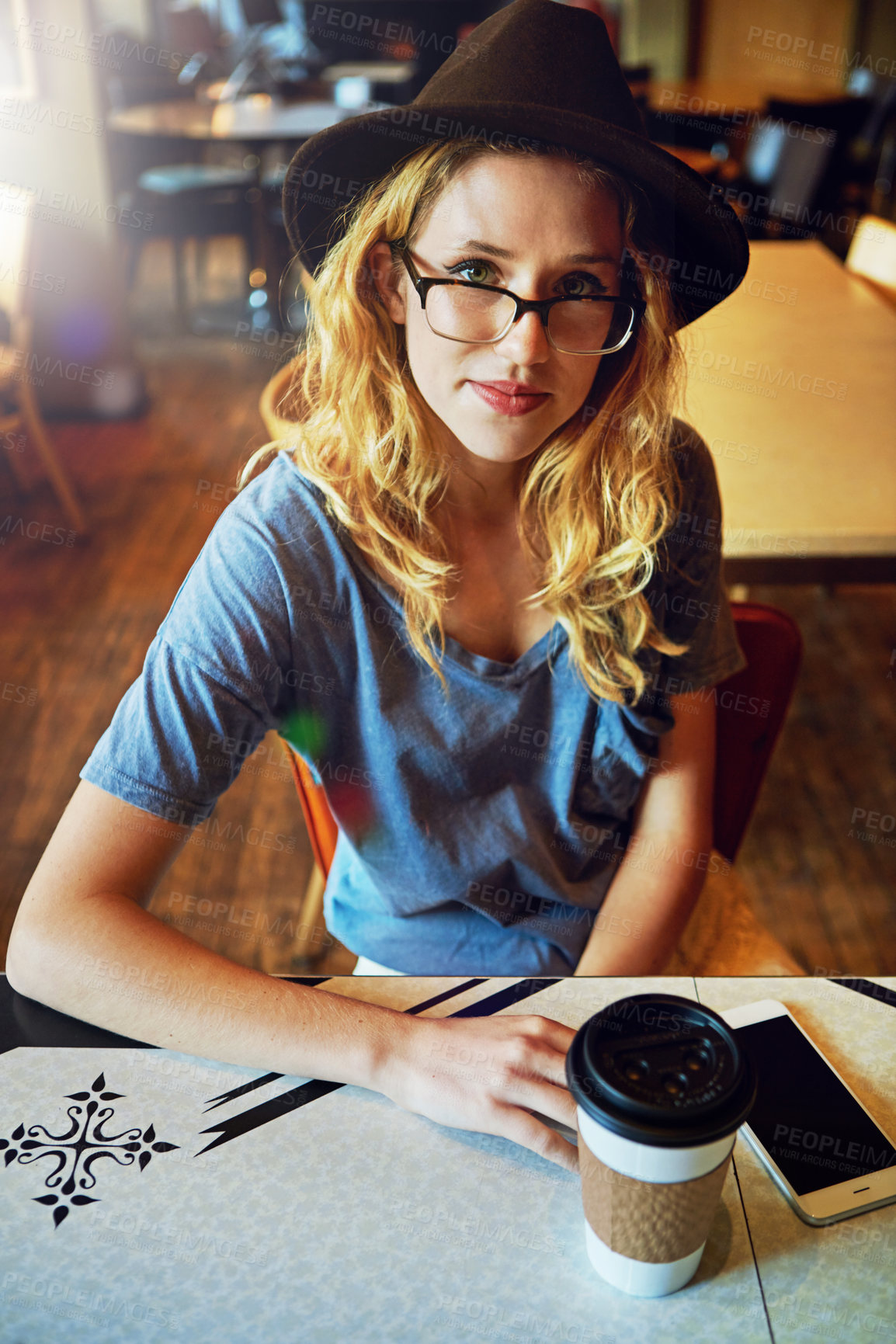 Buy stock photo Glasses, portrait and woman with coffee in cafe with relax on vacation, getaway or holiday. Hipster, drink and female person with takeaway warm beverage at restaurant on weekend trip with calm.