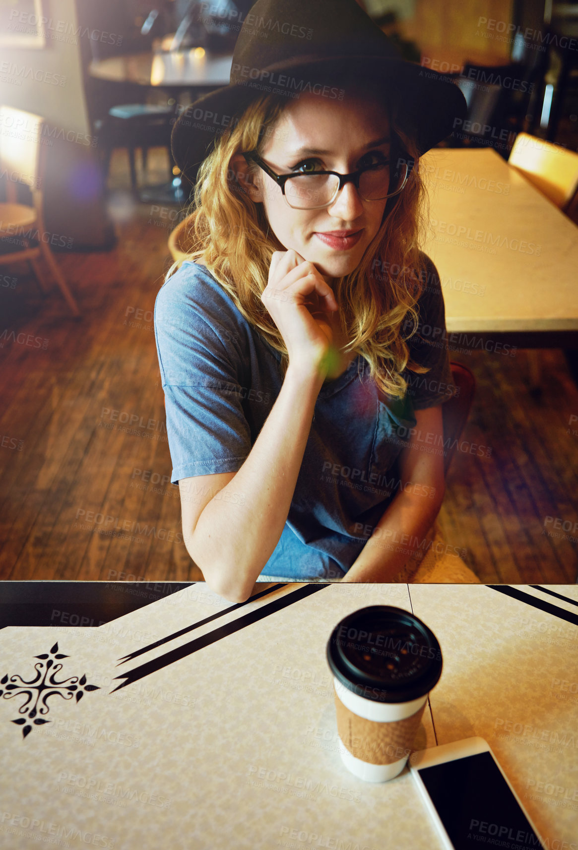 Buy stock photo Woman, portrait and hipster with coffee in cafe with relax on vacation, getaway or holiday. Smile, drink and female person with takeaway warm beverage at restaurant on weekend trip with calm.