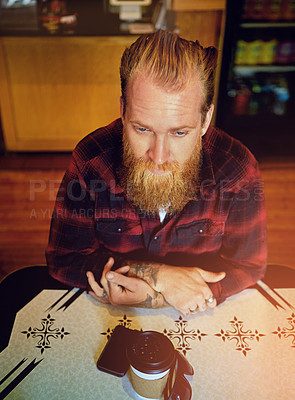 Buy stock photo Cropped shot of a male hipster in a coffee shop