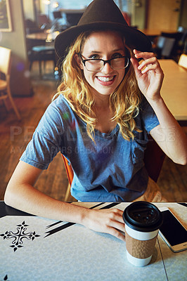 Buy stock photo Cropped shot of a female hipster in a coffee shop