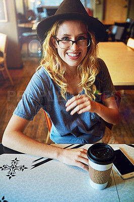 Buy stock photo Smile, portrait and woman with coffee in restaurant with relax on vacation or holiday with glasses. Happy, hipster and female customer with takeaway warm beverage at cafe on weekend trip with calm.