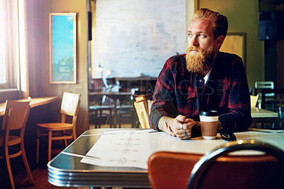 Buy stock photo Cropped shot of a male hipster in a coffee shop