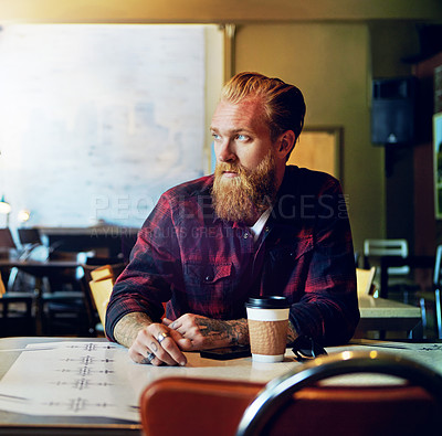 Buy stock photo Cropped shot of a male hipster in a coffee shop