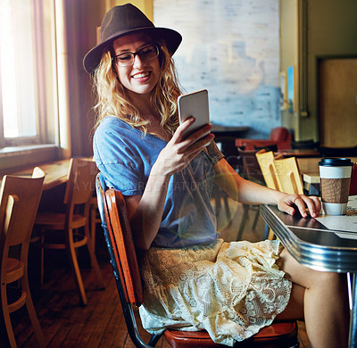 Buy stock photo Cropped shot of a female hipster in a coffee shop