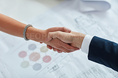 Buy stock photo Deal, business people and handshake in office with documents for teamwork, support and collaboration. Partnership, man and woman agreement with paperwork for communication, promotion and b2b contract