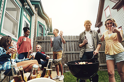 Buy stock photo Friends, group and alcohol in backyard with bbq for social event, party and celebration with talking in home. People, drinking beer and food with relax, conversation and diversity at barbecue reunion