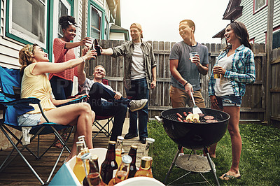 Buy stock photo Friends, cheers and beer in backyard with bbq for social event, party or celebration with talking in home. People, drinking alcohol and toast with relax, conversation or diversity at barbecue reunion