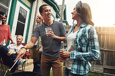 Buy stock photo Friends, people and beer in garden with bbq for social event, party and celebration with laughing in home. group, drinking alcohol and food with relax, conversation and diversity at barbecue reunion