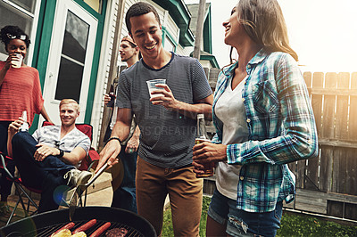 Buy stock photo Friends, people and beer in backyard with bbq for social event, party and celebration with laughing for joke. Group, drinking alcohol or food with relax, funny conversation and diversity at reunion