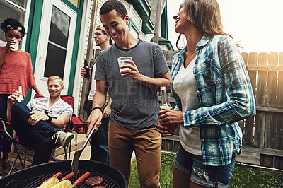 Buy stock photo Friends, people and alcohol in garden with bbq for social event, party and celebration with laughing for joke. Group, drinking beer and food with relax, funny conversation and diversity at reunion