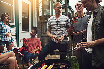 Buy stock photo Friends, people and beer in backyard with bbq for social event, party and celebration with laughing in home. Group, drinking alcohol and food with relax, conversation or diversity at barbecue reunion