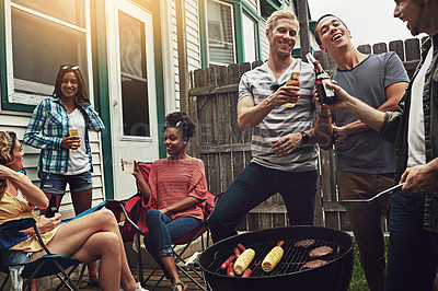 Buy stock photo Friends, happy and cheers in backyard with bbq for social event, party and celebration with beer in garden. Group, drinking alcohol and food with relax, conversation or diversity at barbecue reunion